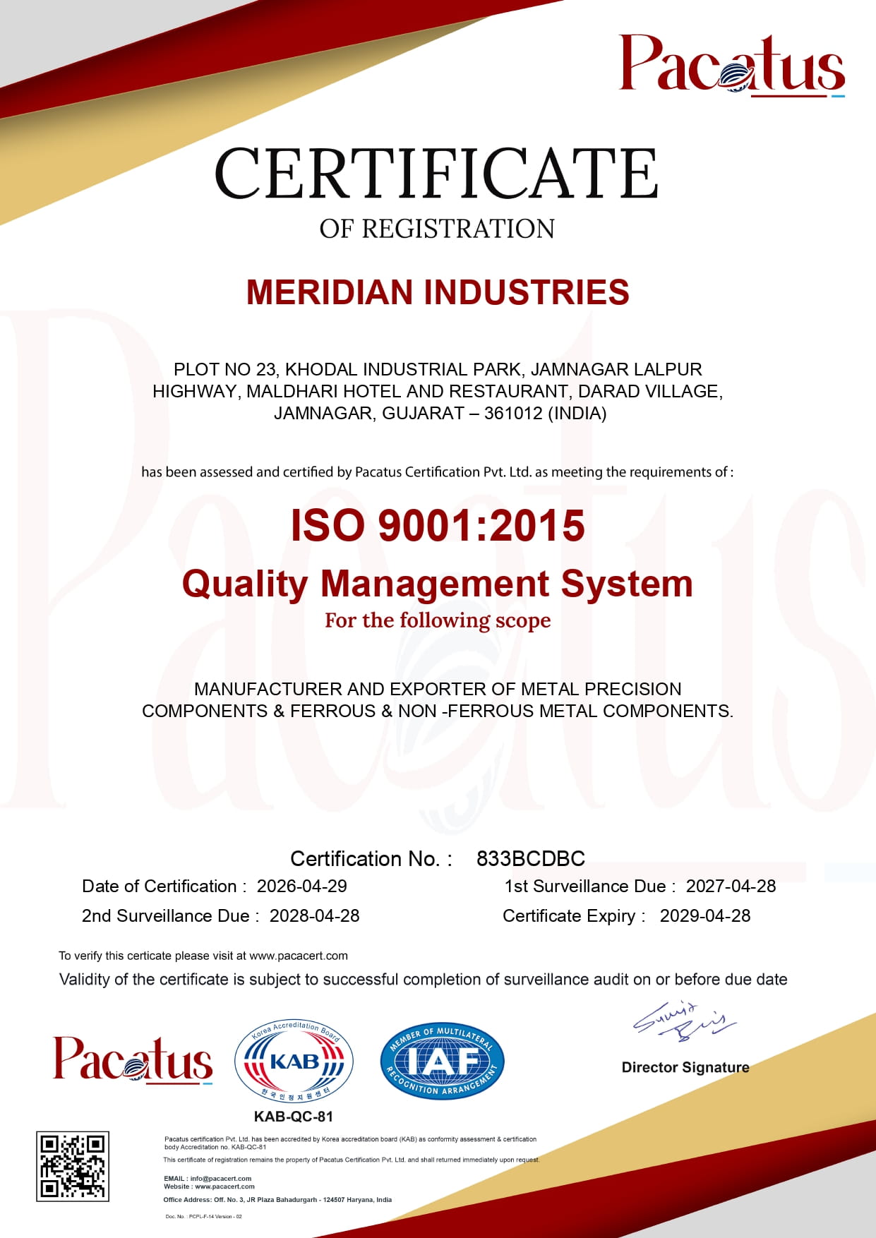 ISO 9001:2015 Certificate — Meridian Industries